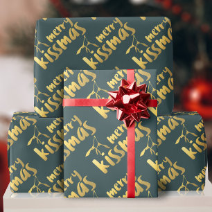 Green Gold Mistletoe Merry Kissmas Wrapping Paper