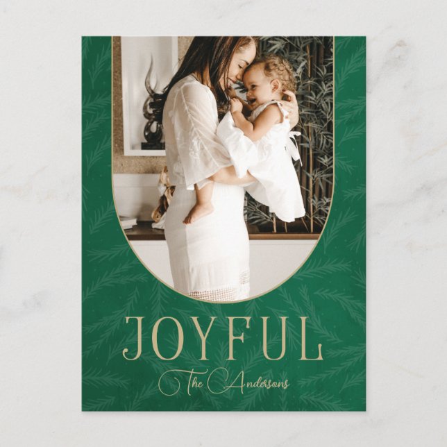 Green Gold Modern Botanical Arch Joyful Photo     Holiday Postcard (Front)