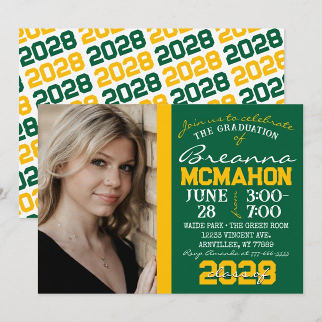 Green & Gold Modern Graduation Photo Invitation (Front/Back)