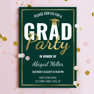 Green & Gold Modern Script Graduation Party Invitation