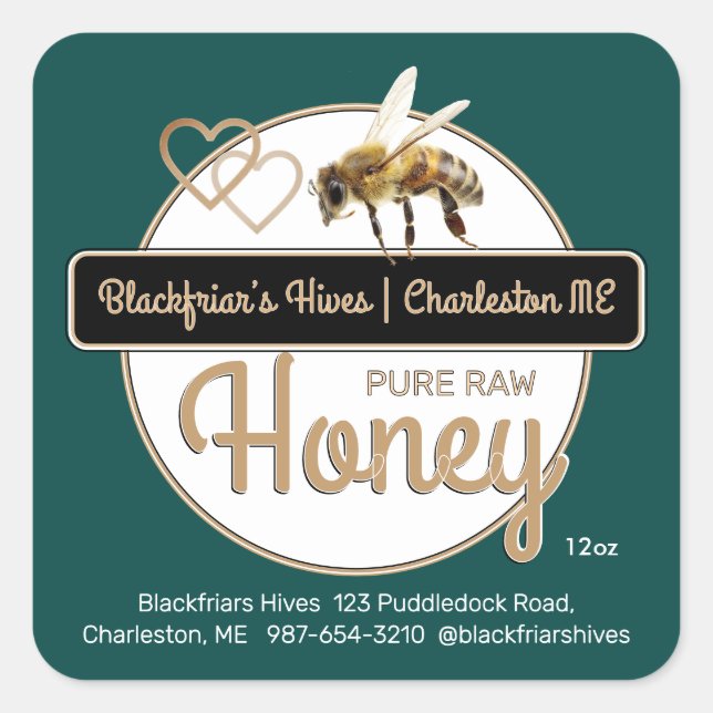 Green Gold Modern Script Honey with Honeybee Square Sticker (Front)