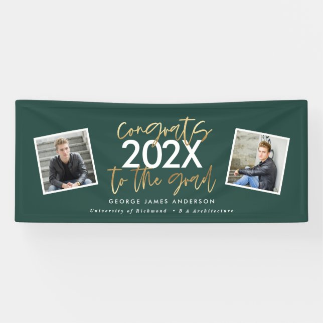 green gold modern script multi photo graduation banner (Horizontal)