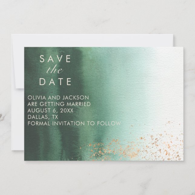 Green & Gold Modern Watercolor Ombre Save the Date Invitation (Front)