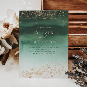 Green & Gold Modern Watercolor Ombre Wedding Invitation