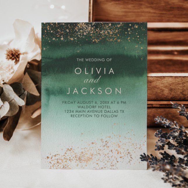 Green & Gold Modern Watercolor Ombre Wedding Invitation (Creator Uploaded)
