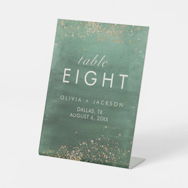 Green & Gold Modern Watercolor Table Number  Pedestal Sign (Front)
