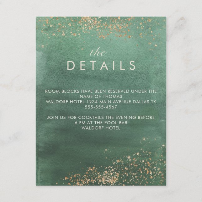 Green & Gold Modern Watercolor Wedding Details Enclosure Card (Front)