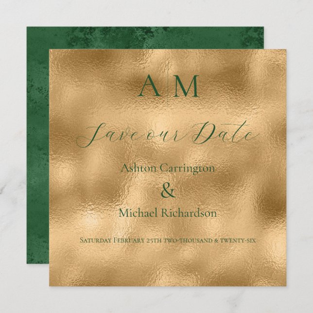 Green Gold Monogram Modern Wedding  Save The Date (Front/Back)