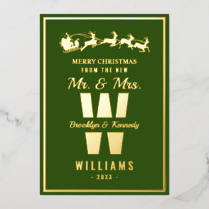 Green Gold Monogram Newlywed Mr And Mrs Christmas Foil Holiday Card