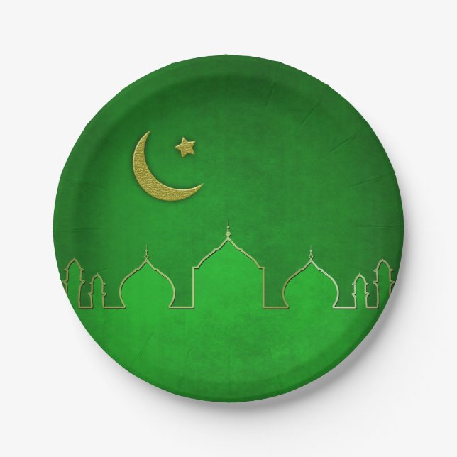 Green Gold Mosque Moon Star Paper Plate (Front)
