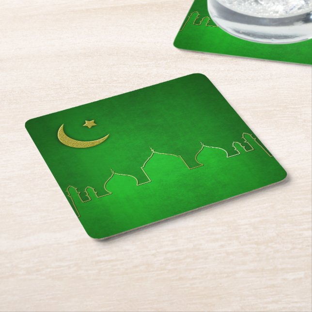 Green Gold Mosque Moon Star Square Paper Coaster (Angled)