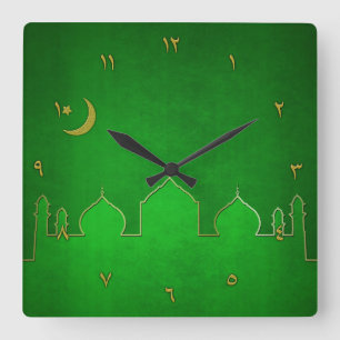 Green Gold Mosque Moon Star Square Wall Clock