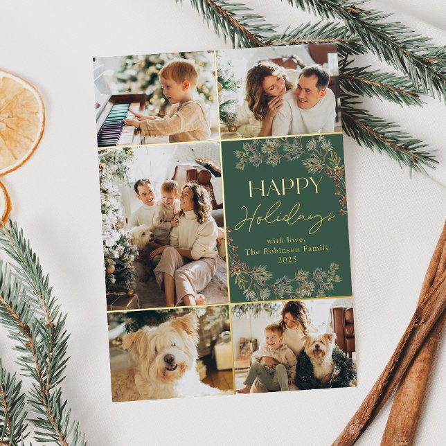Green Gold Multiple Photos Holiday Card (Creator Uploaded)