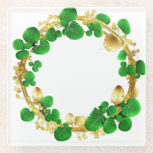 GREEN & GOLD ORNAMENTAL IRISH VINE & LEAVES GLASS COASTER