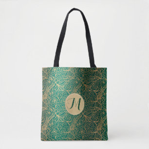 Green & Gold Ornate Decorative Pattern & Monogram Tote Bag