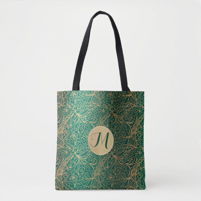 Green & Gold Ornate Decorative Pattern & Monogram Tote Bag (Front)