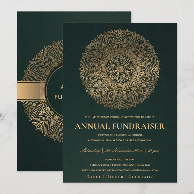 GREEN GOLD ORNATE MANDALA CORPORATE PARTY EVENT INVITATION (Front/Back)
