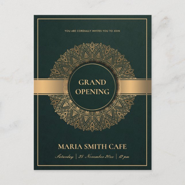 GREEN GOLD ORNATE MANDALA GRAND OPENING INVITE POSTCARD (Front)