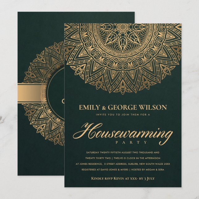 GREEN GOLD ORNATE MANDALA HOUSEWARMING PARTY INVITATION (Front/Back)