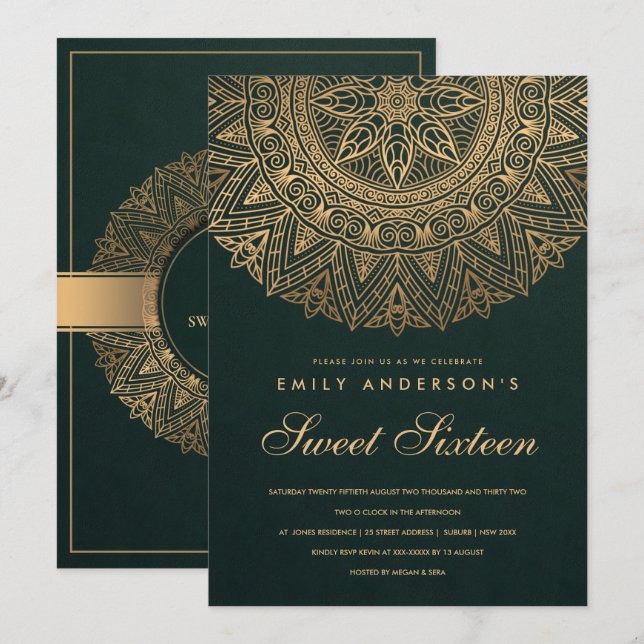 GREEN GOLD ORNATE MANDALA SWEET SIXTEEN BIRTHDAY INVITATION (Front/Back)