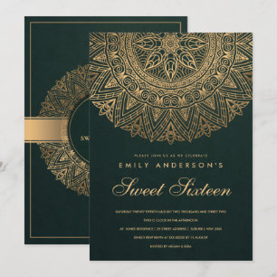 GREEN GOLD ORNATE MANDALA SWEET SIXTEEN BIRTHDAY INVITATION
