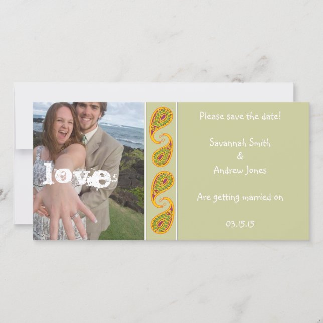 Green & Gold Paisley Save the Date  Your Photo (Front)