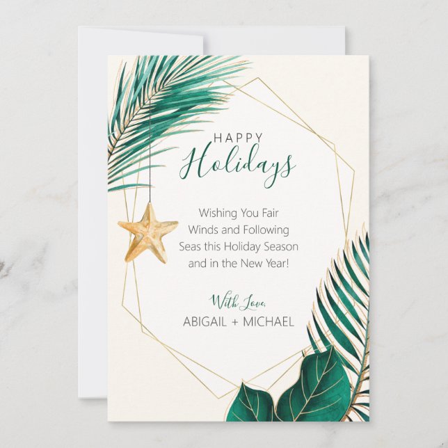 Green & Gold Palm Tree Tropical Beach Christmas  Holiday Card (Front)
