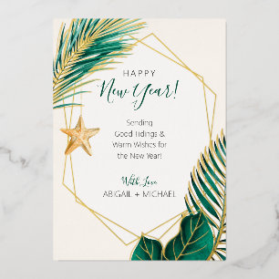 Green & Gold Palm Tree Tropical Beach New Year Foil Holiday Card
