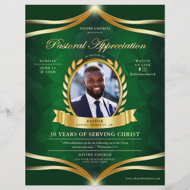 Green Gold Pastoral Appreciation Church Service Flyer (Front)