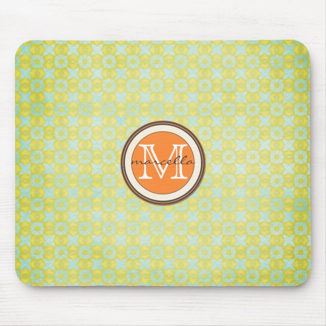 Green Gold Pattern Background Orange Monogram Mouse Mat (Front)