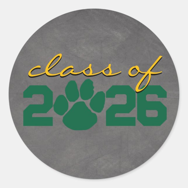 Green & Gold Pawprint Light Chalkboard Graduation Classic Round Sticker (Front)