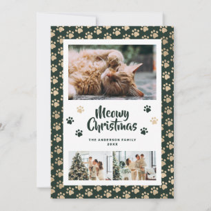 Green Gold Paws Photo Meowy Christmas Card
