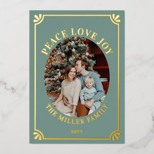 Green & Gold Peace Love Joy Oval Photo Christmas Foil Holiday Card