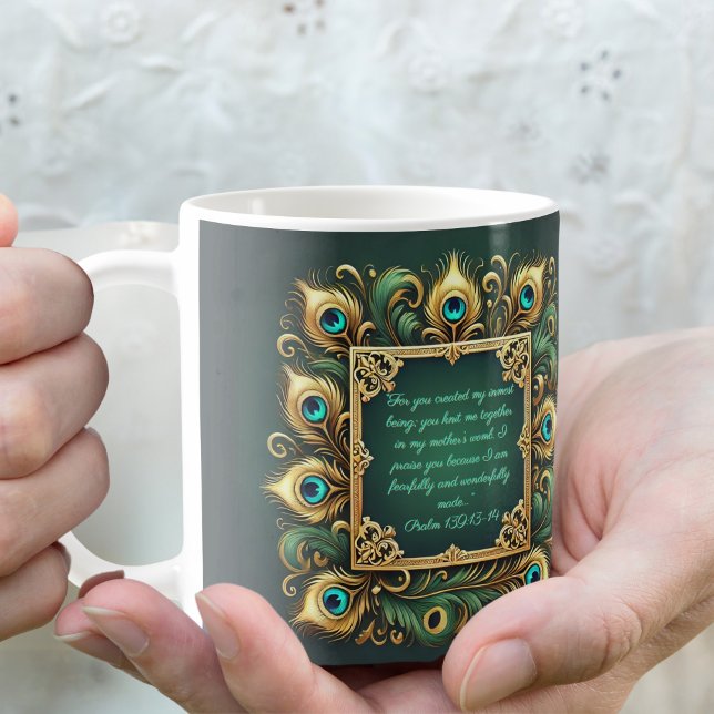 Green Gold Peacock Frame Customisable  Coffee Mug (Creator Uploaded)