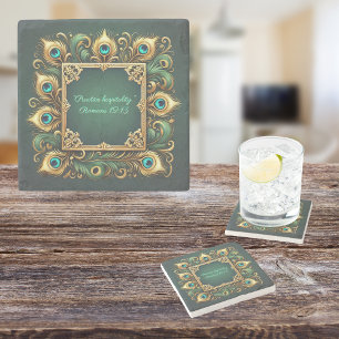 Green Gold Peacock Frame Customisable Stone Coaster