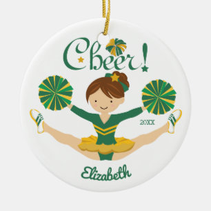 Green & Gold Personalised Brunette Cheerleader Ceramic Tree Decoration