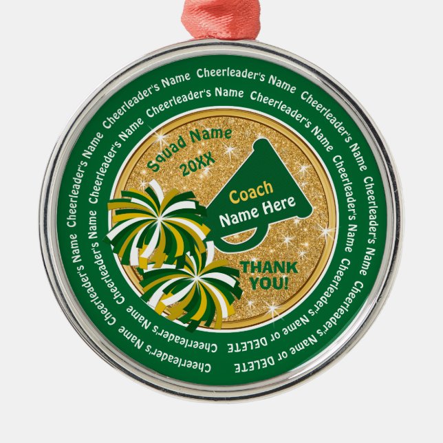 Green Gold Personalised Cheerleading Coach Gifts Metal Tree Decoration (Front)