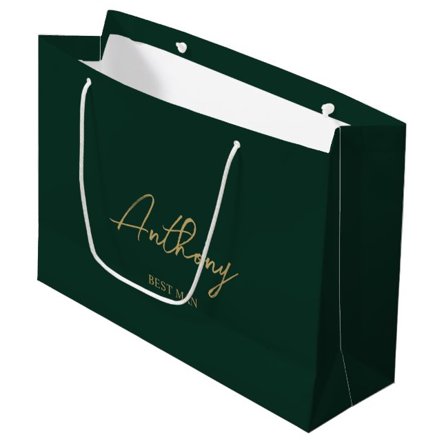Green & Gold Personalised Wedding Party Name Large Gift Bag (Front Angled)