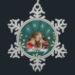 Green & Gold Pet Paw Print Photo & Snowflakes Snowflake Pewter Christmas Ornament<br><div class="desc">Celebrate the magical and festive holiday season with our custom holiday Pet photo ornaments. Our adorable and modern holiday design features a pet paw print design where you can place in your own pet's photo. The year numbers are uniquely incorporated into the paw print marks and personalised with pet's name...</div>