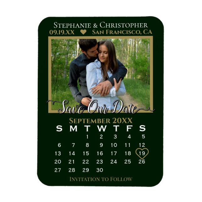 Green & Gold Photo Calendar Save Our Date Wedding Magnet (Vertical)