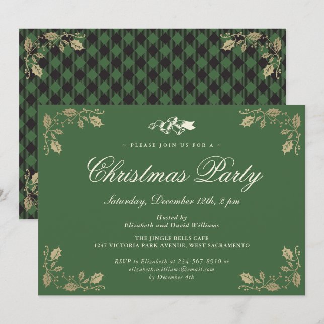 Green Gold Plaid Christmas Holiday Party Invitation (Front/Back)
