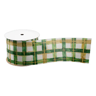 Green Gold Plaid Christmas  Satin Ribbon