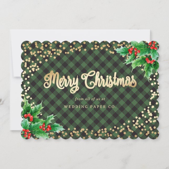 Green Gold Plaid Holly Business Christmas Cards (Front)