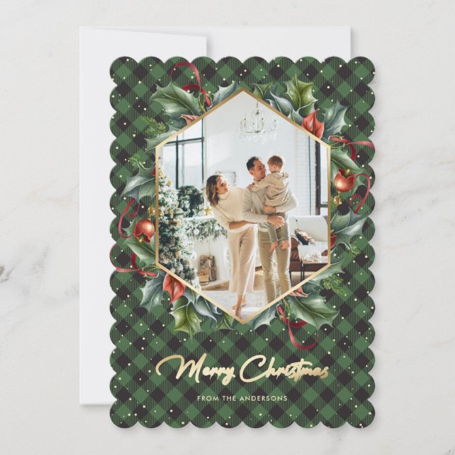 Green Gold Plaid Holly Photo Merry Christmas Card (Front)