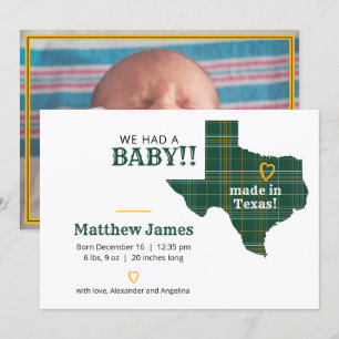 Green & Gold Plaid Made In Texas Horizontal Photo Announcement