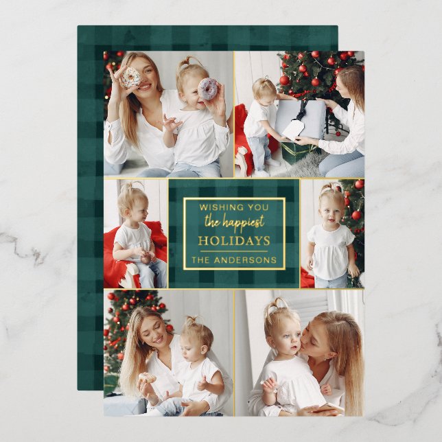 Green Gold Plaid Non Traditional Photo Collage  Foil Holiday Card (Front/Back)