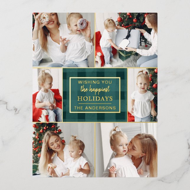 Green Gold Plaid Non Traditional Photo Collage  Foil Holiday Postcard (Front)