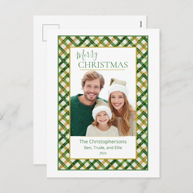 Green Gold Plaid Photo Christmas Postcard (Front/Back)