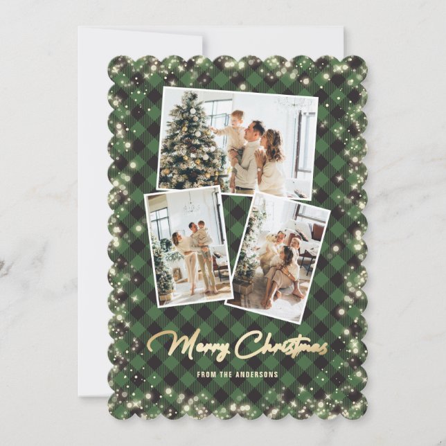 Green Gold Plaid Photo Collage Merry Christmas Holiday Card (Front)