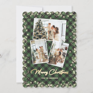 Green Gold Plaid Photo Collage Merry Christmas Holiday Card